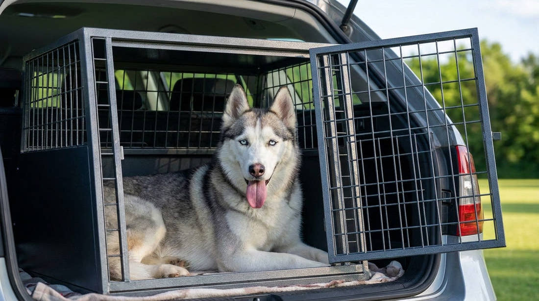Husky couché dans une cage de transport installée dans le coffre d'un break