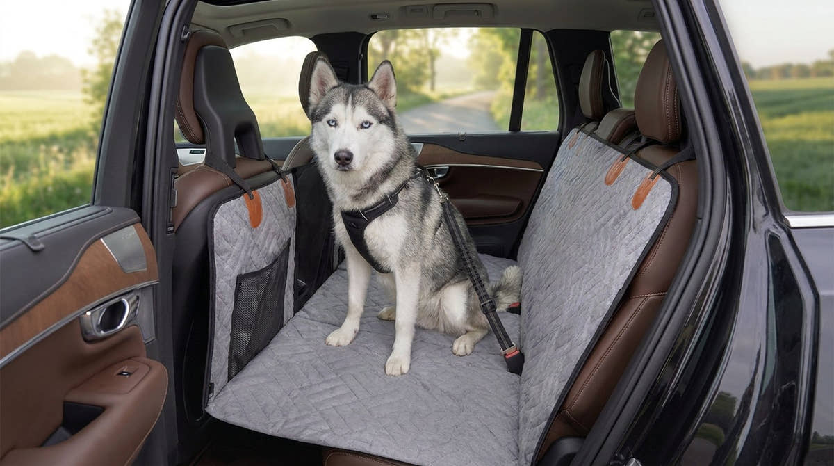 Husky assis sur la banquette arrière, attaché par la ceinture de sécurité pour chien Yzavo reliée à son harnais