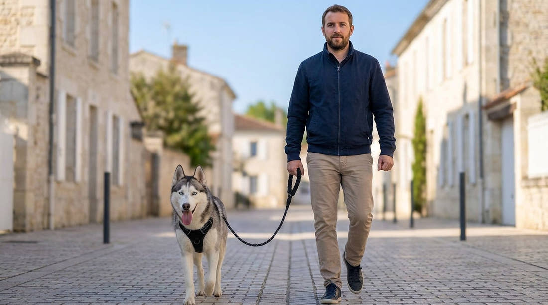 Homme qui promène son husky tenu en laisse dans une rue pavée de village