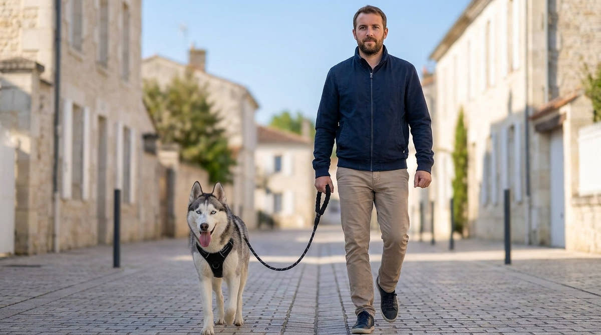 Homme qui promène son husky tenu en laisse dans une rue pavée de village