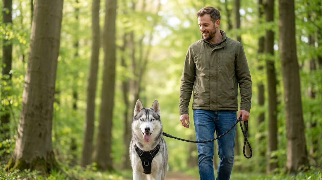 Homme qui promène son husky en forêt, le chien porte le harnais anti-traction Yzavo