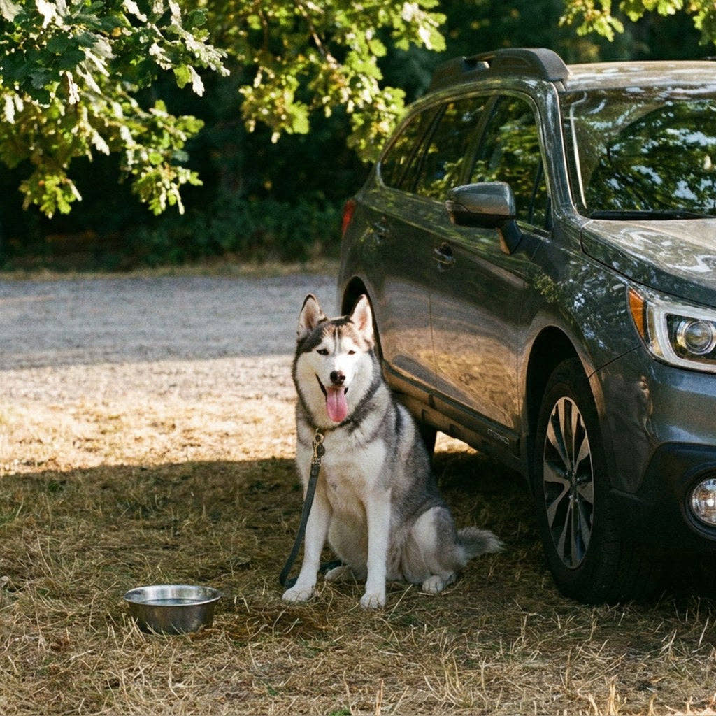 Husky qui halète à l'ombre à côté d'une voiture en été, une gamelle d'eau posée devant lui