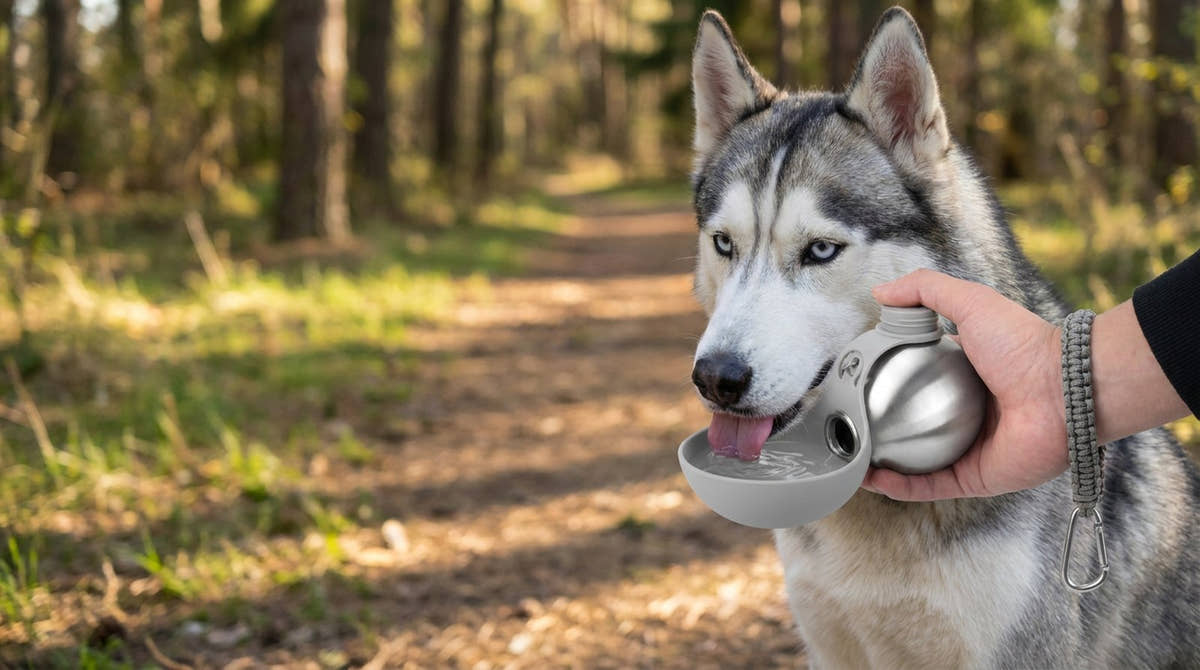 Husky qui boit dans la coque repliée de la gourde Yzavo sur un chemin de promenade