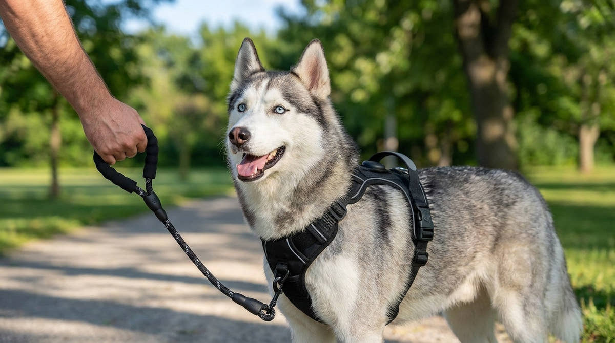 Husky en harnais noir, la laisse accrochée à l'anneau du poitrail, qui se tourne vers son maître