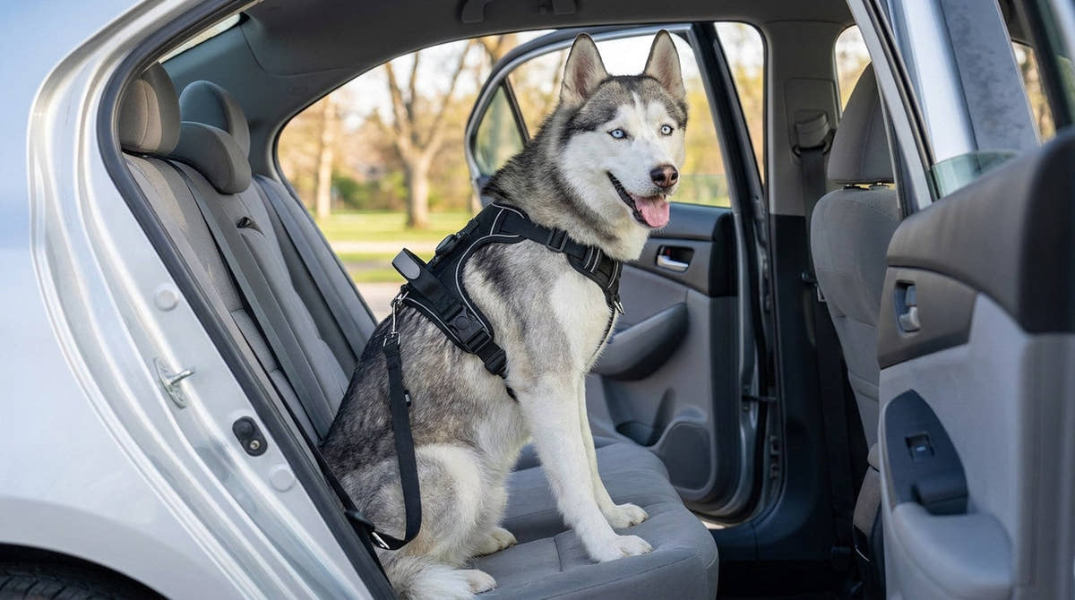 Husky assis sur la banquette arrière, harnais noir relié à la boucle de ceinture par une sangle