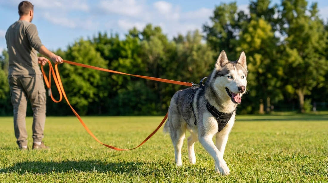 Husky qui court dans un pré au bout d'une longe, son maître la tient à deux mains