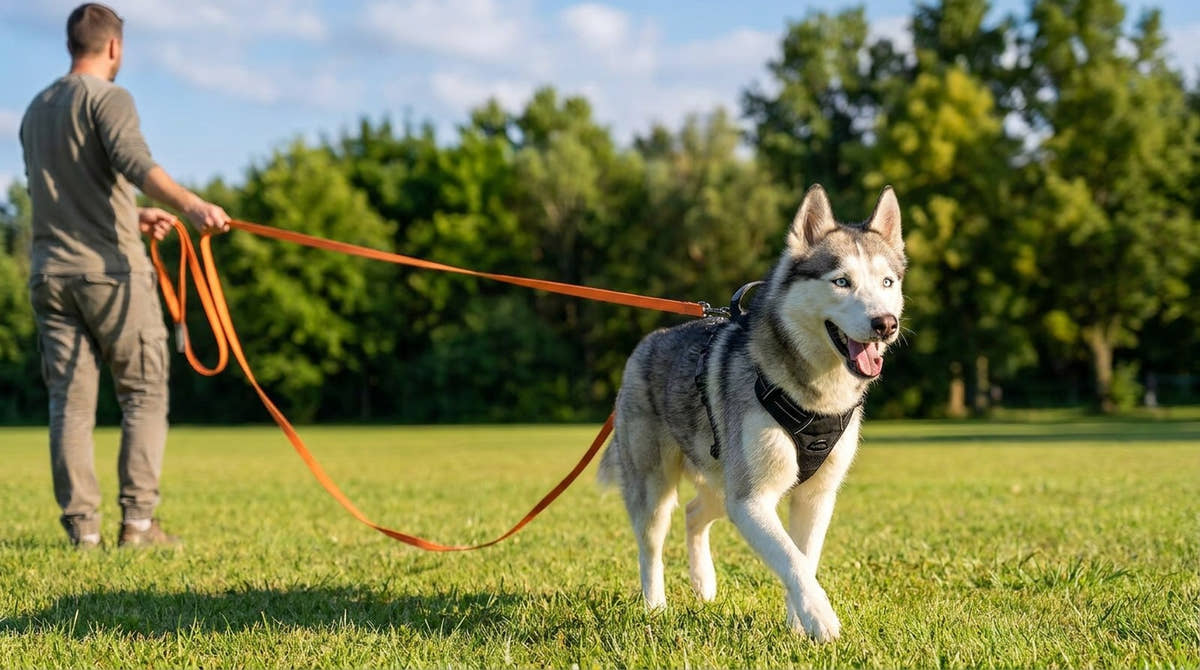 Husky qui court dans un pré au bout d'une longe, son maître la tient à deux mains