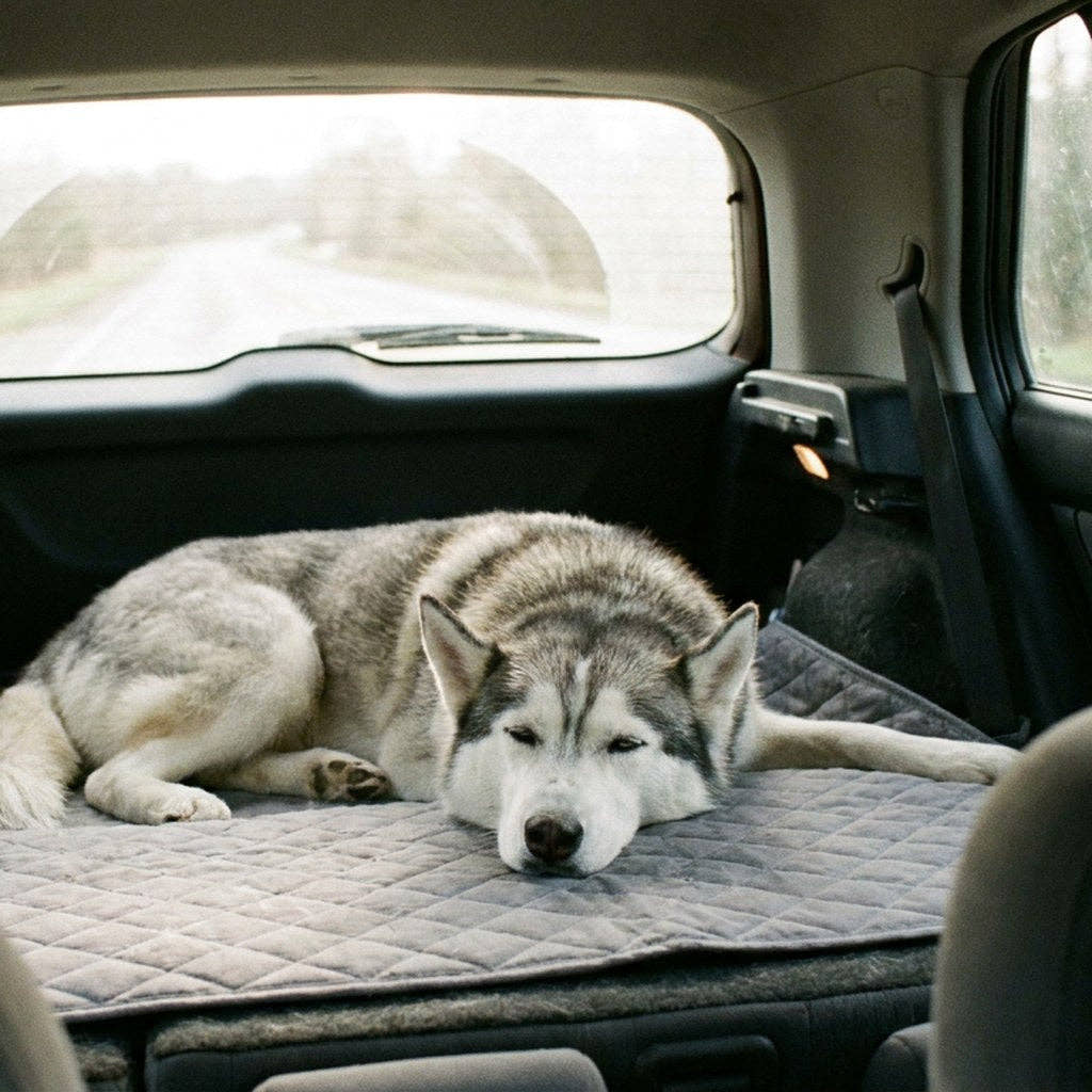 Husky couché sur le tapis de voyage Yzavo à l'arrière d'une voiture, la tête posée, pendant un trajet