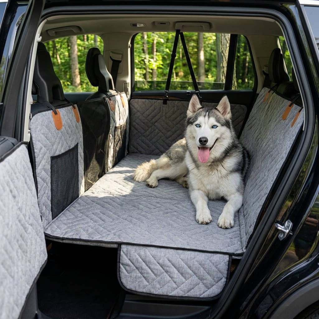 Husky couché sur la housse de protection de voiture pour chien Yzavo, hayon ouvert en forêt