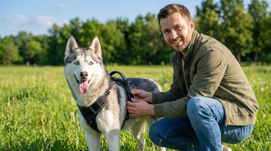 Homme accroupi dans une prairie qui ajuste le harnais anti-traction Yzavo sur son husky