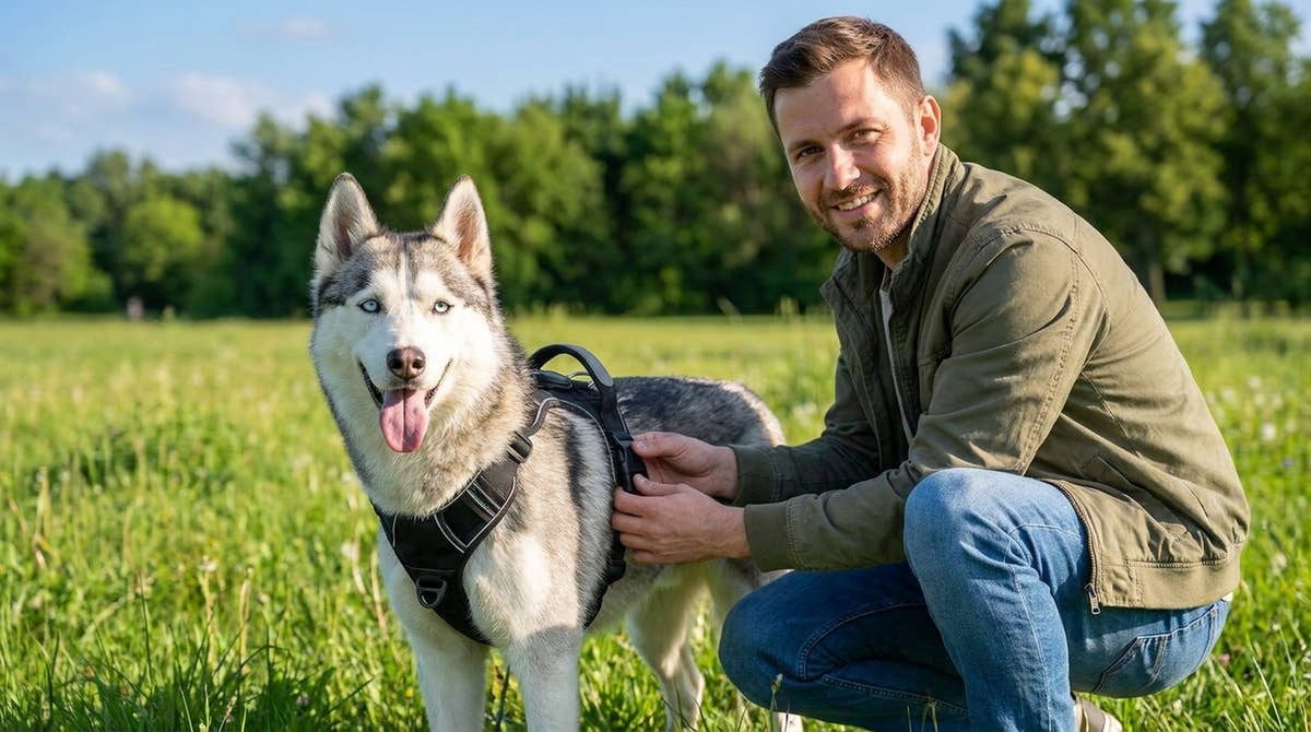 Homme accroupi dans une prairie qui ajuste le harnais anti-traction Yzavo sur son husky