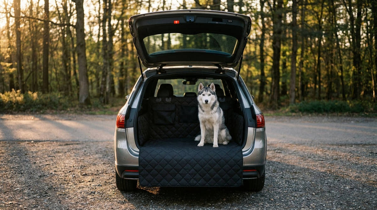 Husky assis dans un coffre entièrement couvert par la protection Yzavo, hayon ouvert