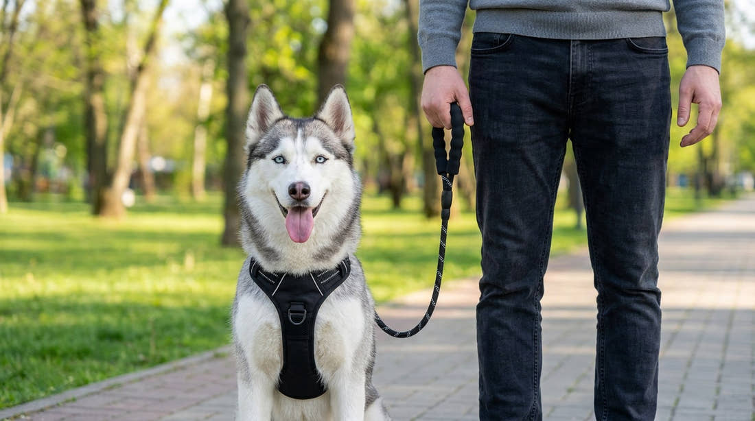 Husky assis sur une allée de parc, tenu par la laisse en corde tressée noire Yzavo, poignée rembourrée dans la main de son maître