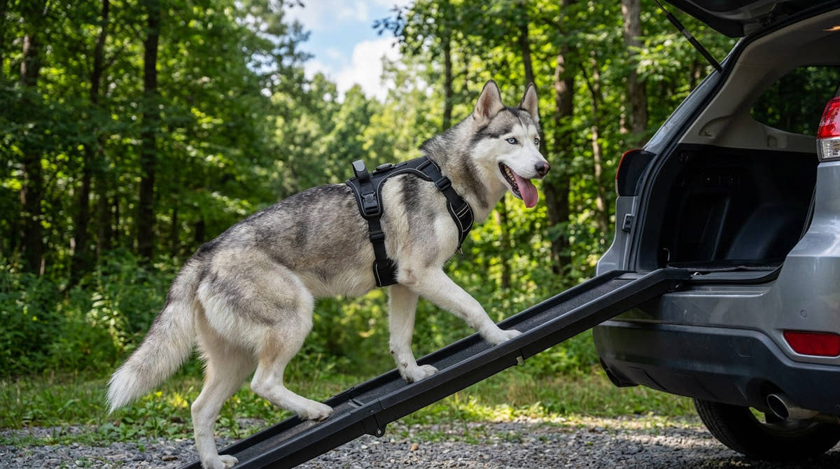 Husky qui monte dans le coffre d'un SUV par une rampe posée sur le seuil
