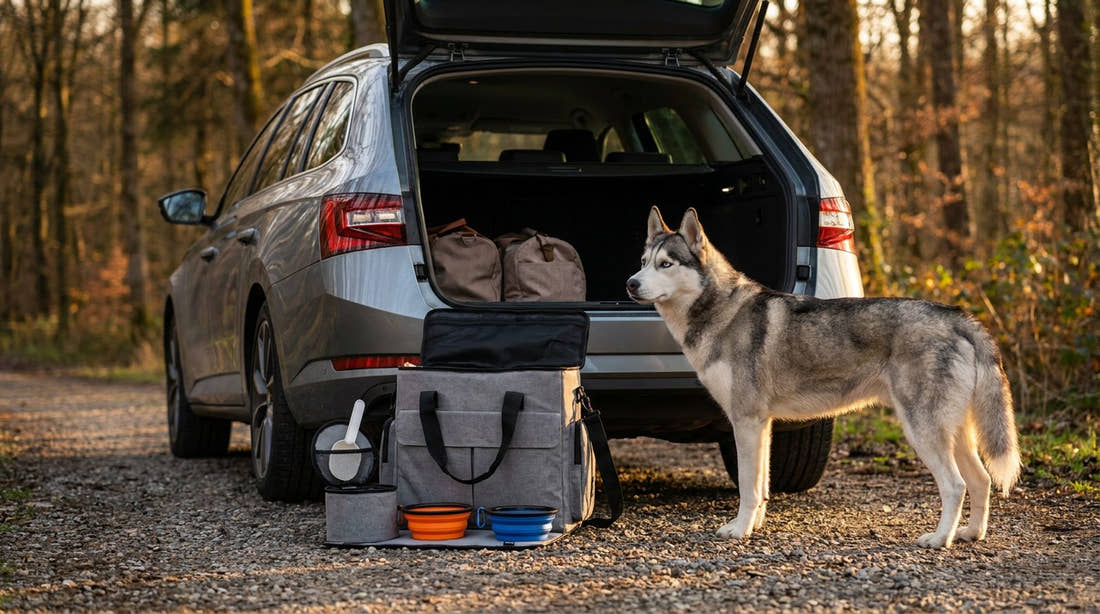 Sac de voyage pour chien posé au sol près du coffre ouvert, avec ses gamelles pliables et un husky à côté