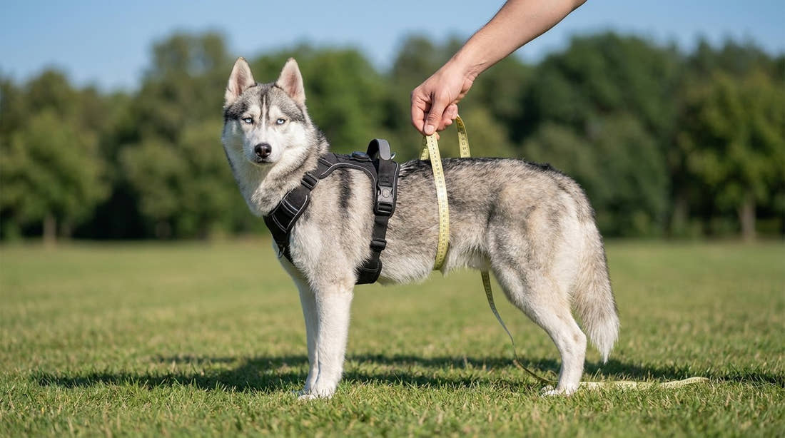 Mesure du tour de poitrine d'un husky avec un mètre de couturière, par-dessus son harnais anti-traction Yzavo