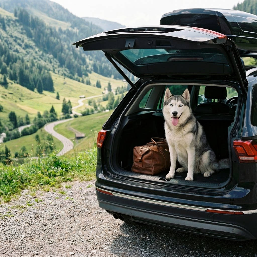 Husky assis dans le coffre d'un break, hayon ouvert, lors d'une pause en montagne avec les accessoires de voyage pour chien Yzavo