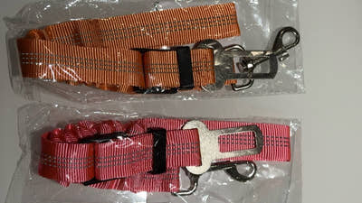 Deux ceintures pour chien, orange et rose, dans leur sachet