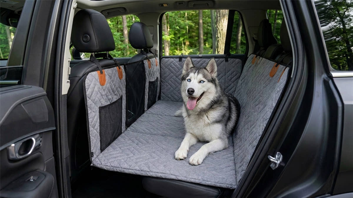 Housse de protection Yzavo à fond rigide sur la même banquette, surface plane et continue jusqu'aux sièges avant, le chien reste allongé bien à plat