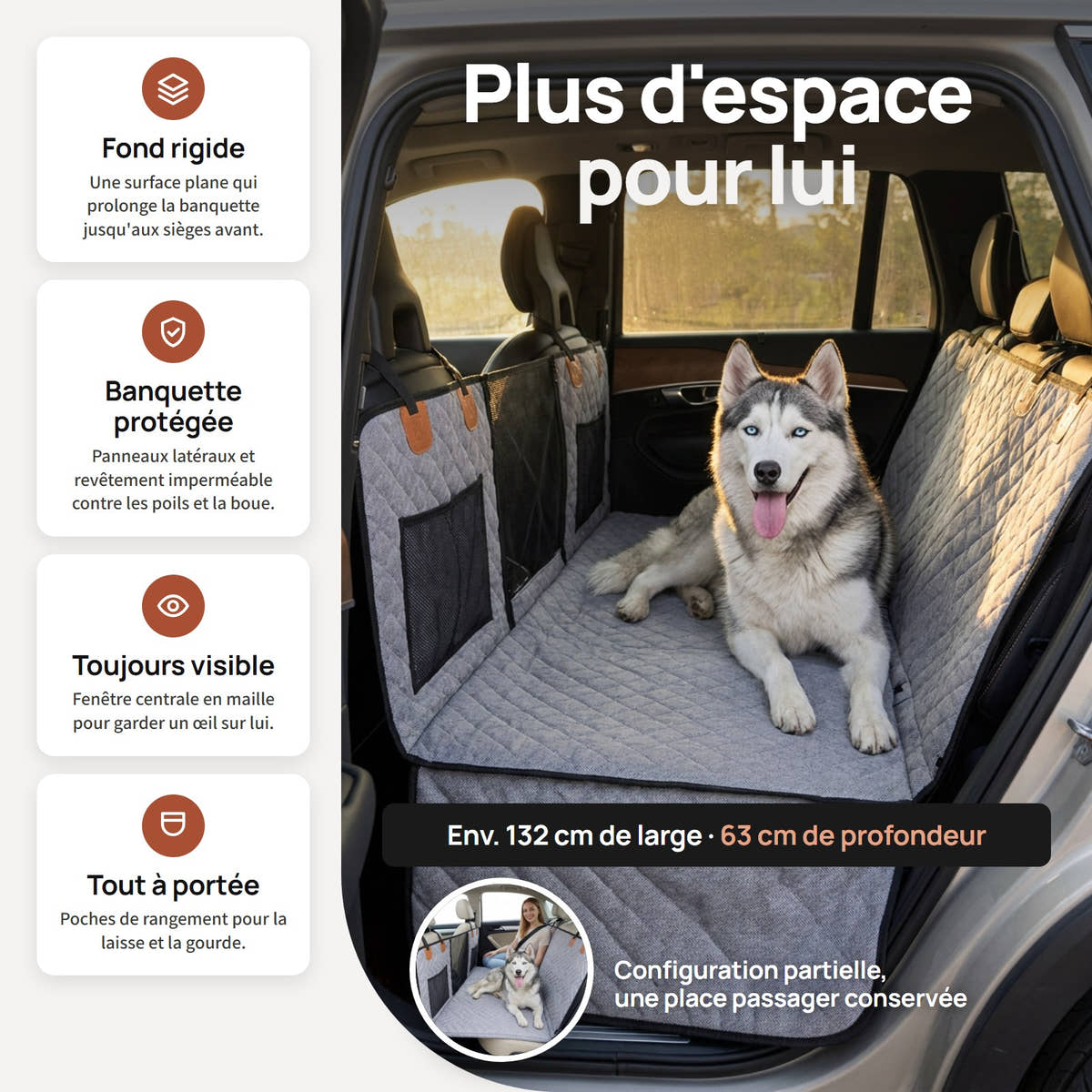 Plus d'espace pour le chien, la housse Yzavo prolonge la banquette jusqu'aux sièges avant, environ 132 cm de large