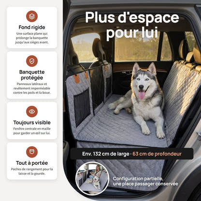 Plus d'espace pour le chien, la housse Yzavo prolonge la banquette jusqu'aux sièges avant, environ 132 cm de large