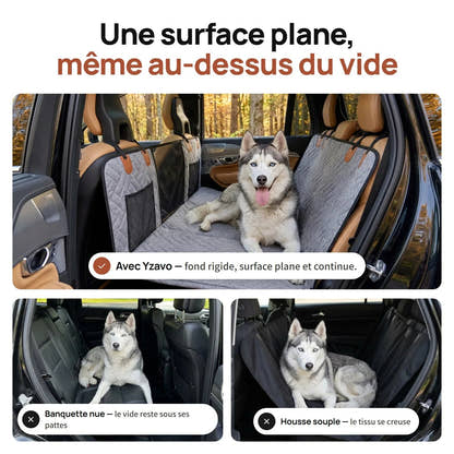 Surface plane et continue au-dessus du vide entre les sièges, comparée à une banquette nue et à une housse souple