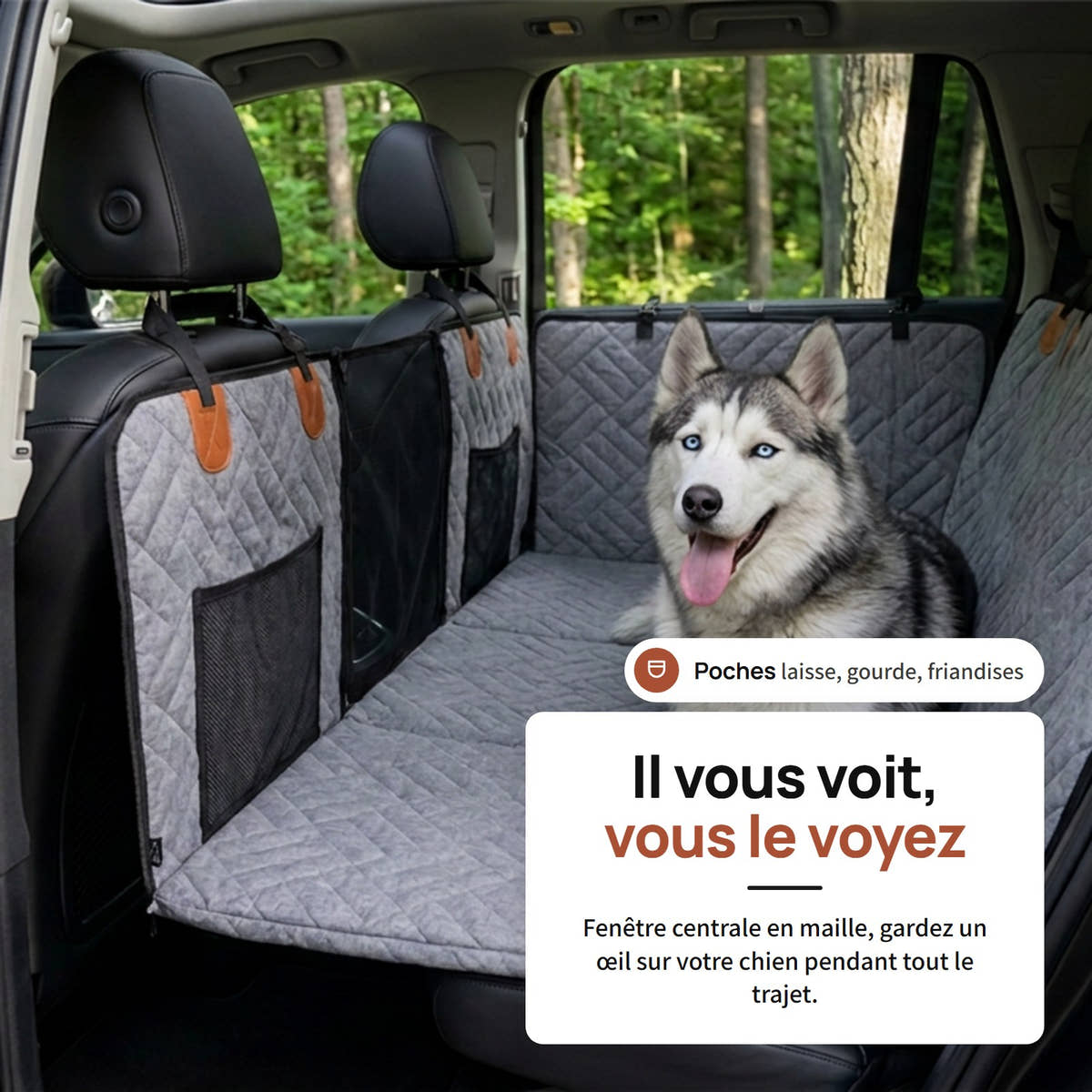 Fenêtre centrale en maille de la housse de protection voiture Yzavo, pour garder un œil sur son chien pendant le trajet