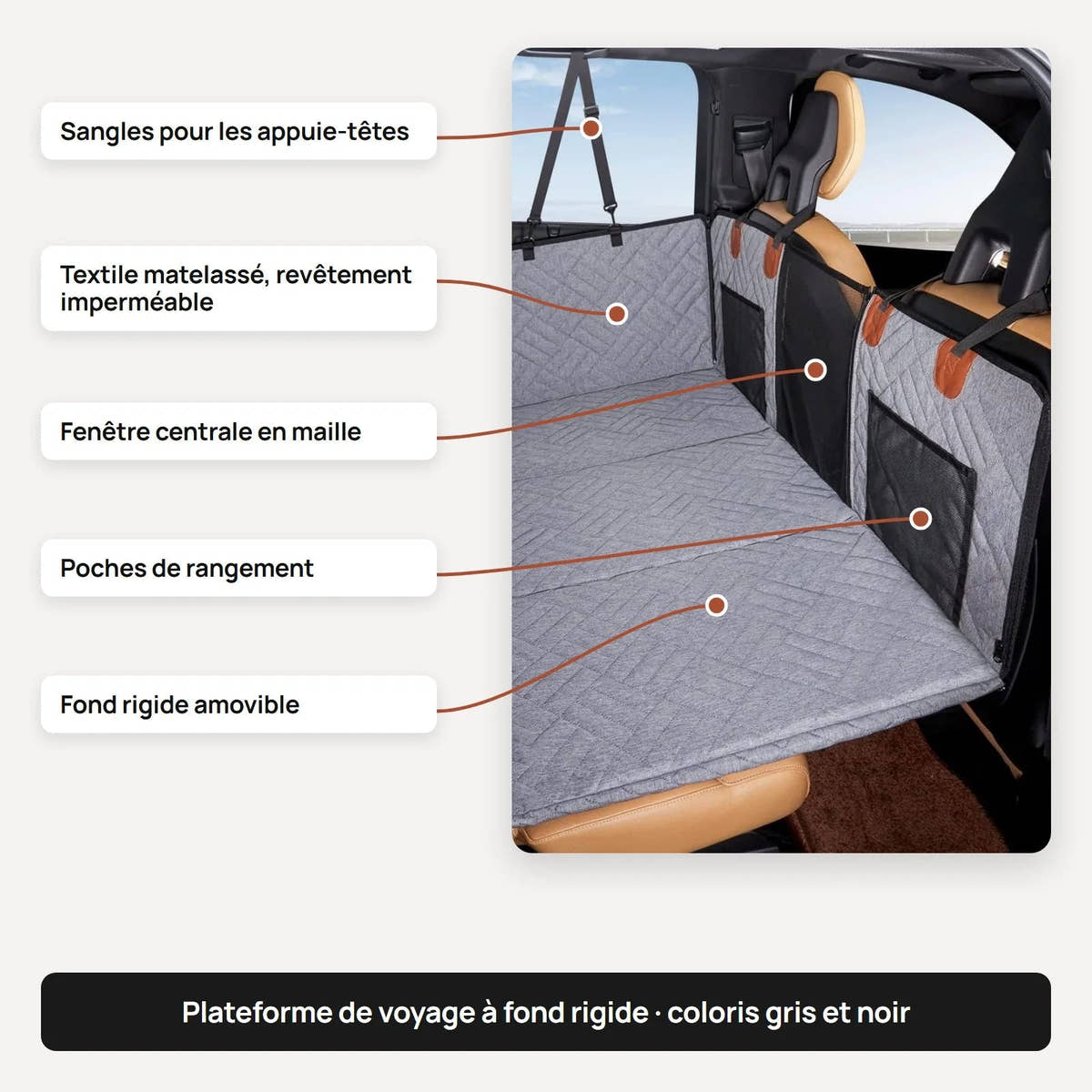 Housse de protection Yzavo annotée, sangles pour appuie-têtes, textile matelassé, fenêtre en maille, poches de rangement