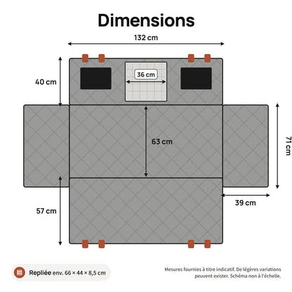 Dimensions de la housse de protection Yzavo, 132 cm de large, 63 cm de profondeur, repliée 66 x 44 x 8,5 cm