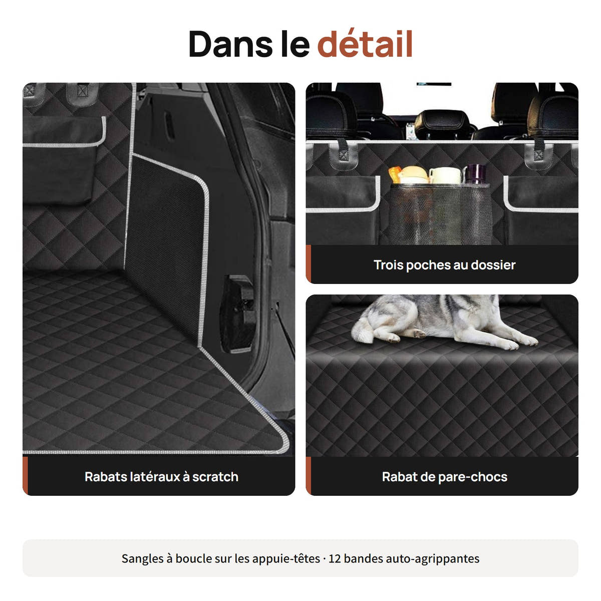 Gros plans des rabats latéraux, des trois poches du dossier et du rabat de pare-chocs de la housse de coffre Yzavo