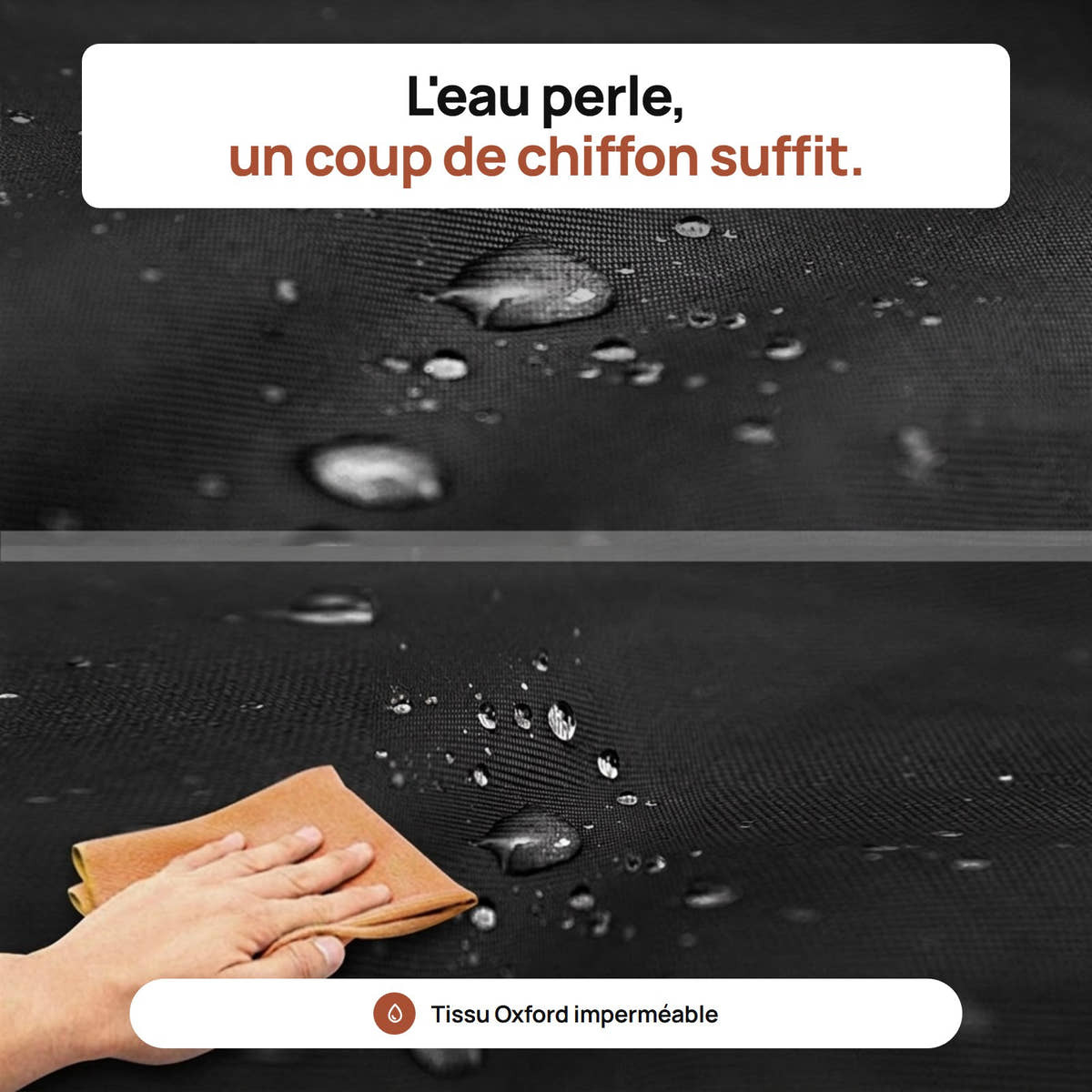 Gouttes d'eau qui perlent sur le tissu de la housse de coffre Yzavo, essuyées d'un coup de chiffon