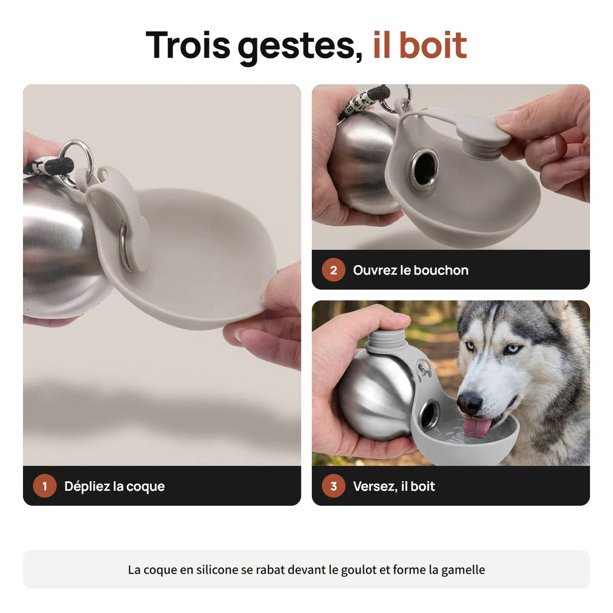 Remplir la gourde compacte, déplier la coque en silicone, faire boire le chien