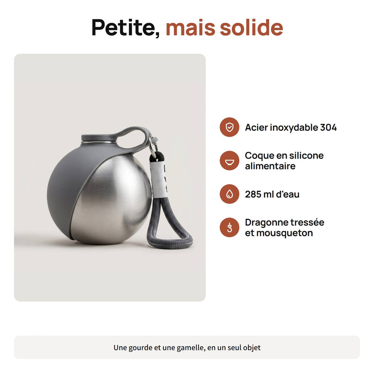 Gourde compacte Yzavo en acier inoxydable 304 et silicone, avec dragonne