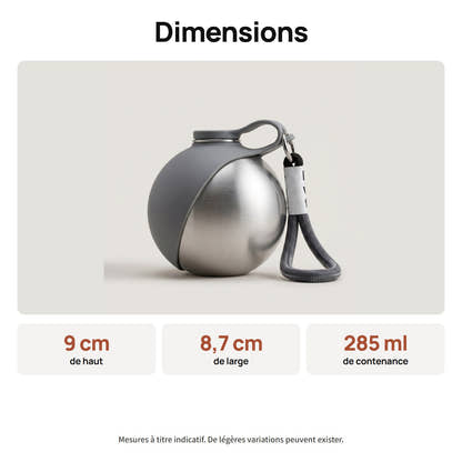 Dimensions de la gourde compacte Yzavo, 9 cm de haut, 8,7 cm de large, 285 ml