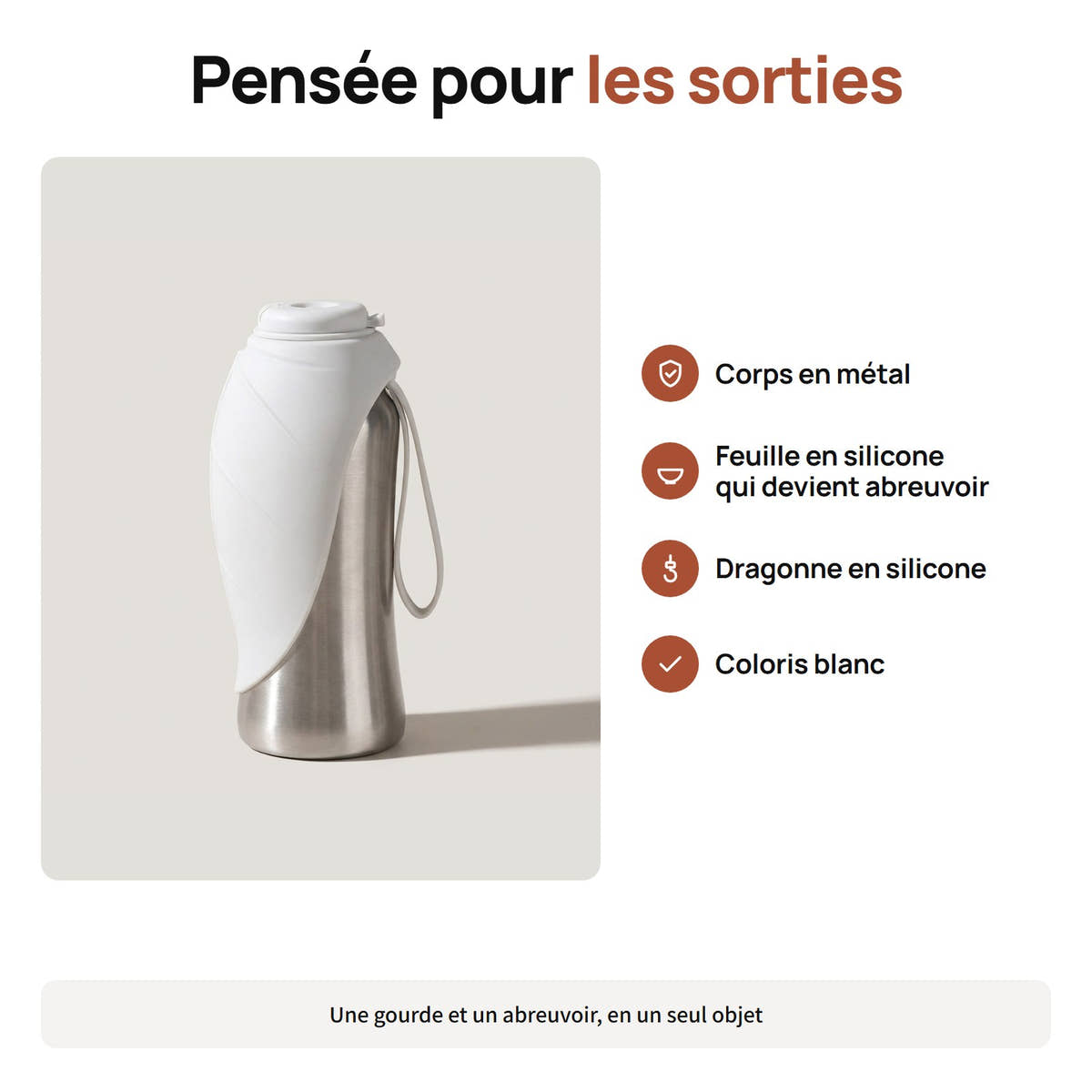 Gourde grand format Yzavo, corps en métal et feuille en silicone blanche
