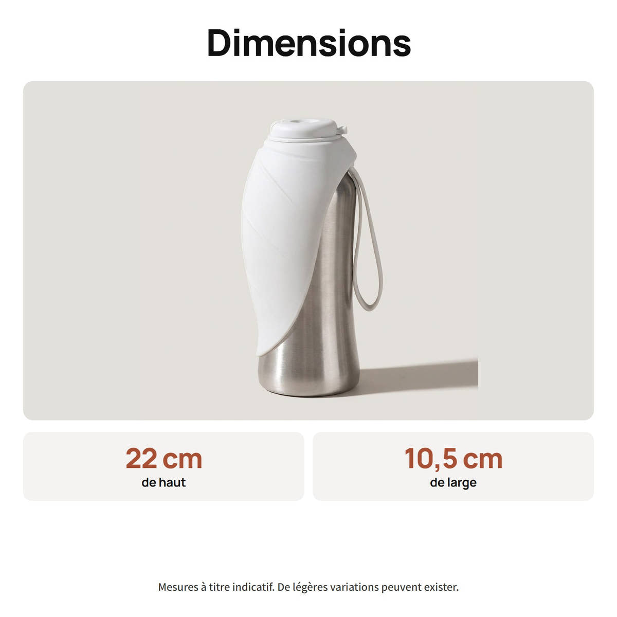 Dimensions de la gourde grand format Yzavo, 22 cm de haut, 10,5 cm de large
