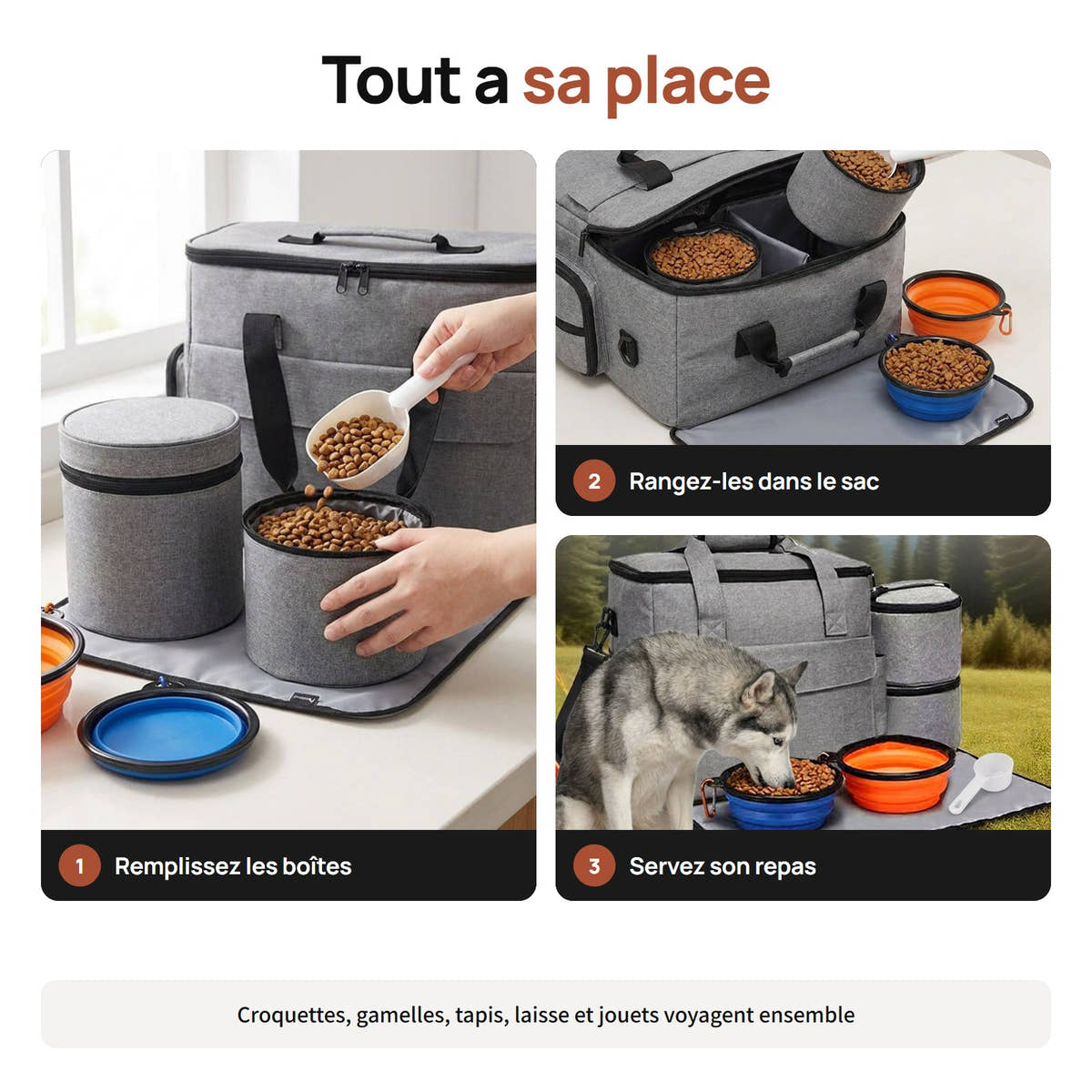 Remplir les boîtes à croquettes, les ranger dans le sac, servir le repas
