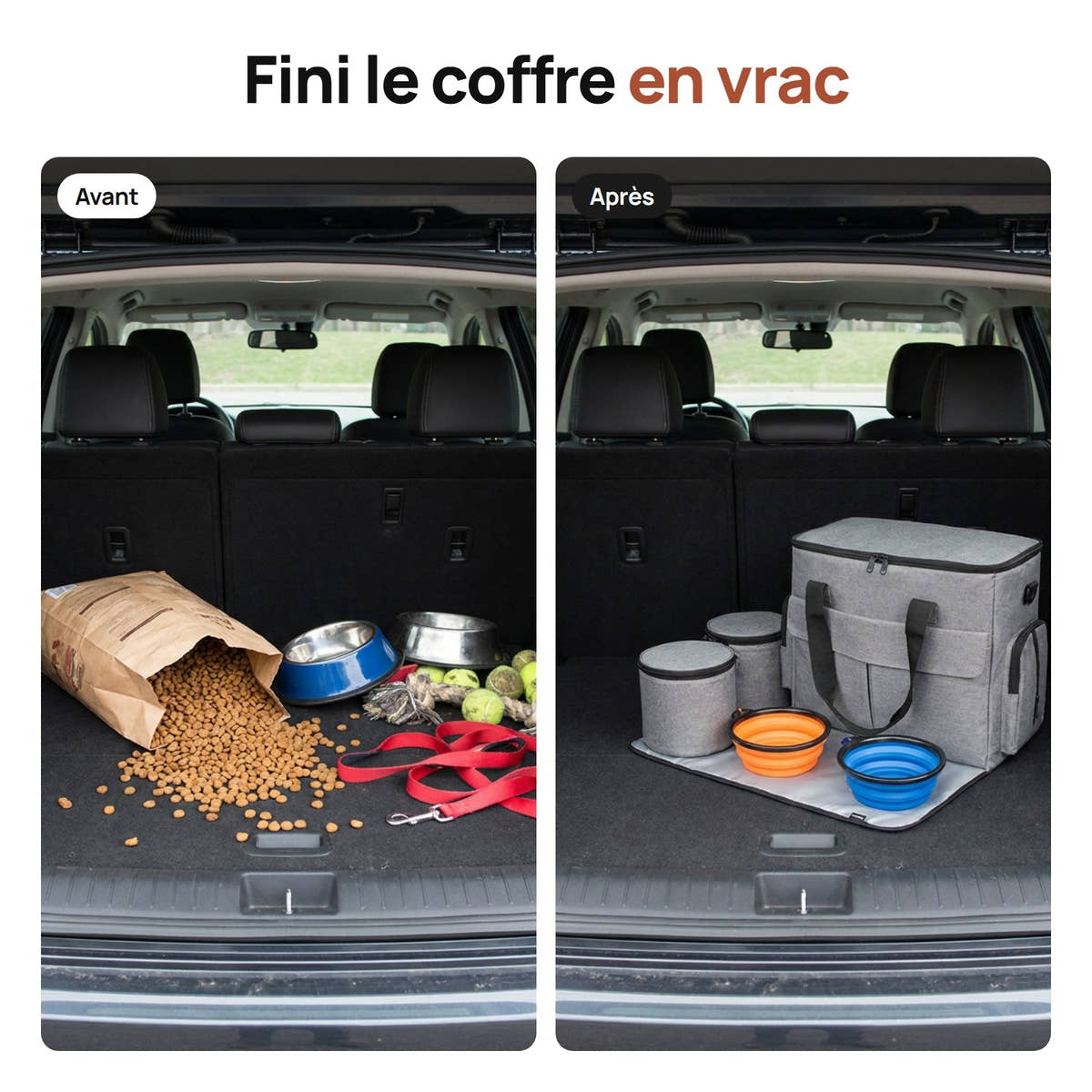 Coffre en désordre avant, puis rangé avec le sac de voyage pour chien Yzavo