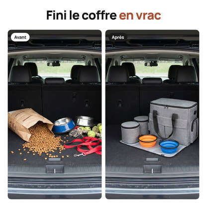 Coffre en désordre avant, puis rangé avec le sac de voyage pour chien Yzavo