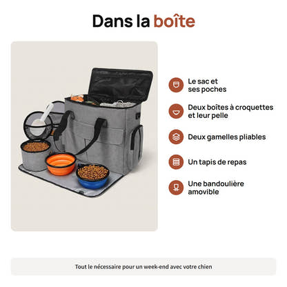 Contenu du sac de voyage pour chien Yzavo, sac, deux boîtes à croquettes, deux gamelles pliables, tapis et bandoulière