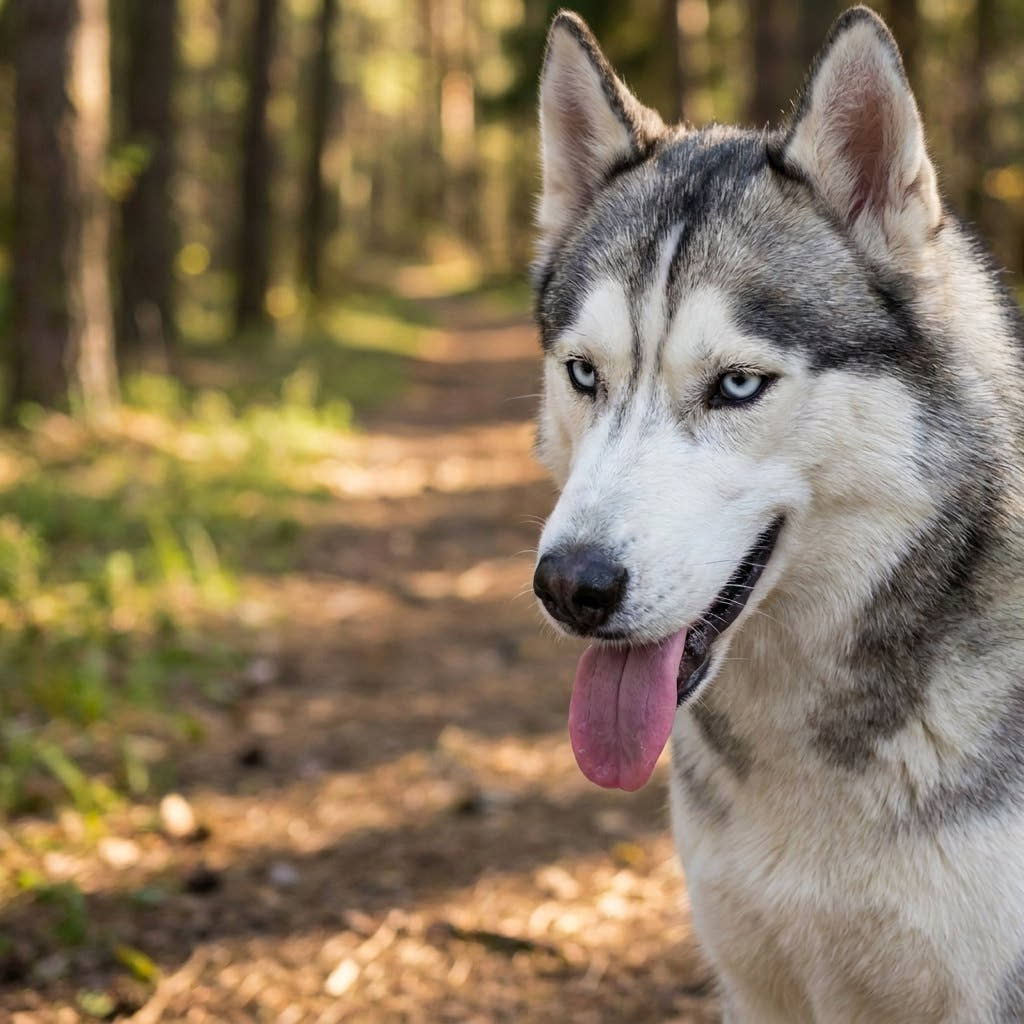 Husky qui halète sur un chemin forestier, sans eau à boire