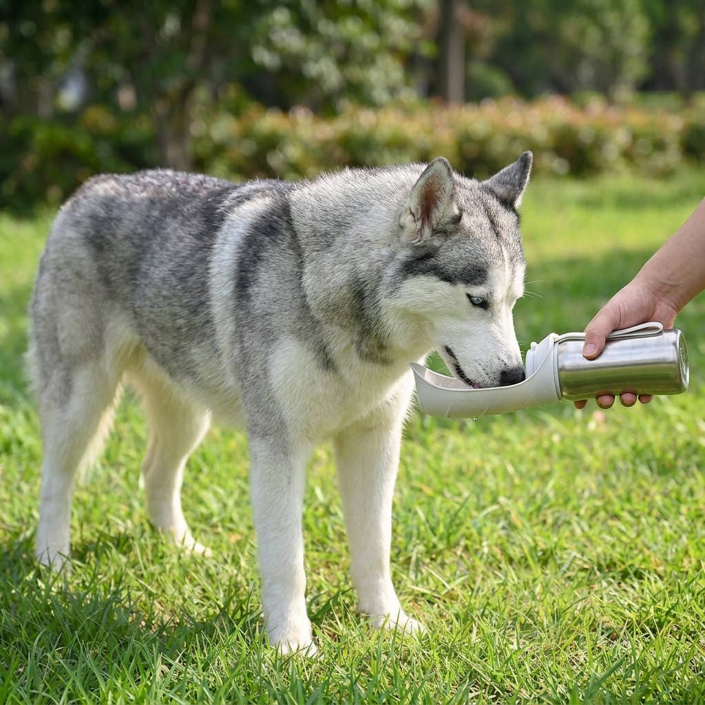 Le même husky qui boit dans l'abreuvoir déplié de la gourde grand format Yzavo