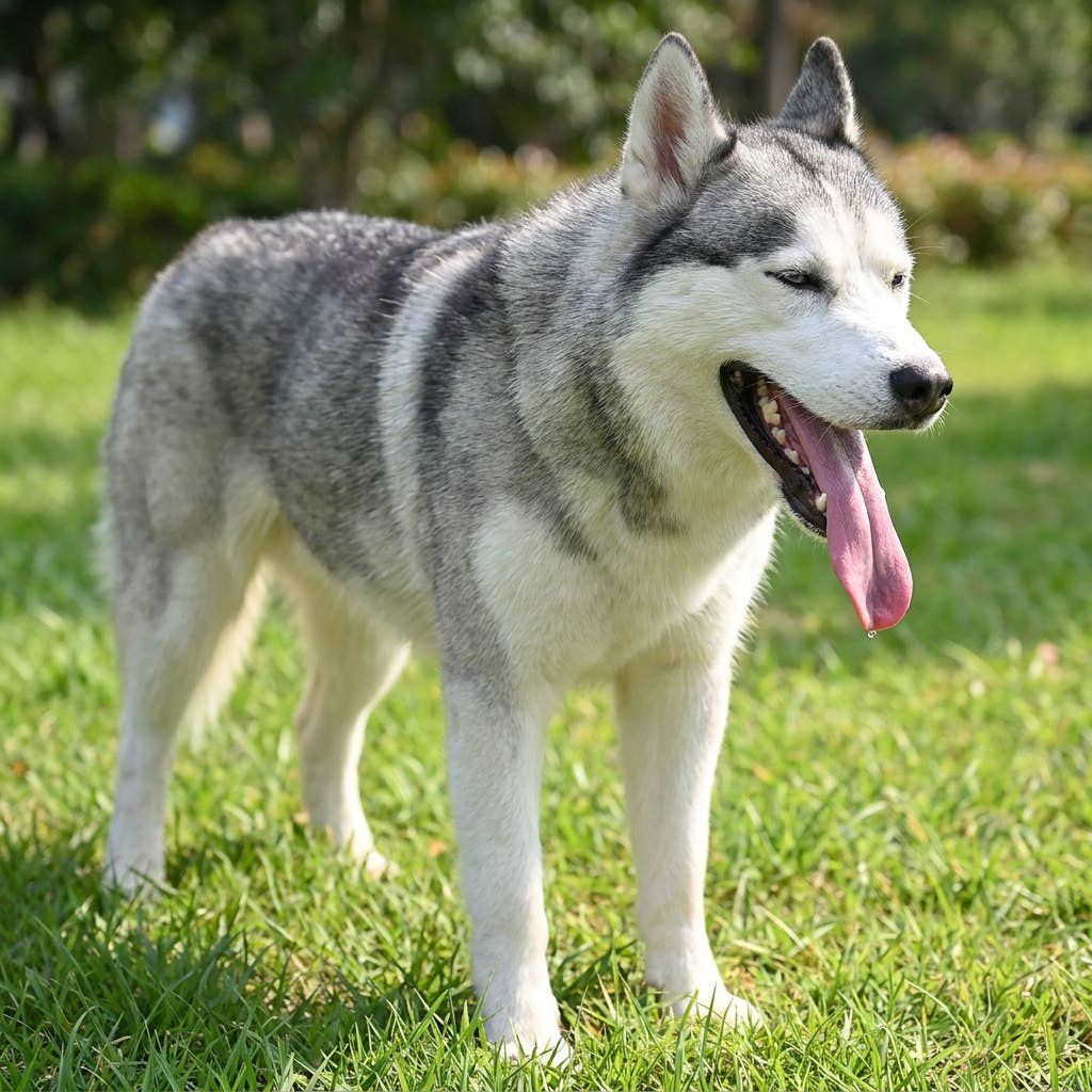 Husky qui halète dans l'herbe, sans eau