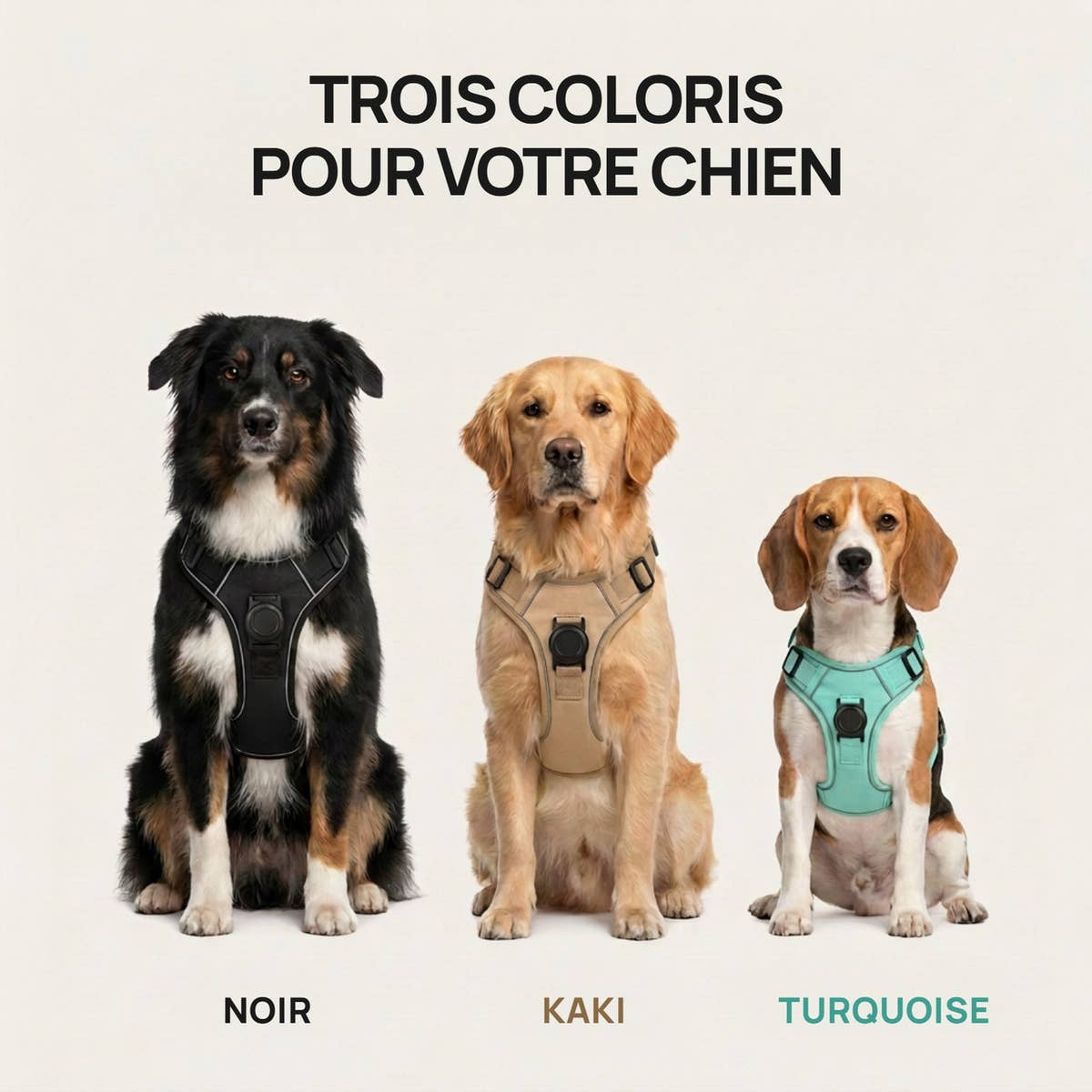 Trois chiens portant le harnais Yzavo en noir, en kaki et en turquoise