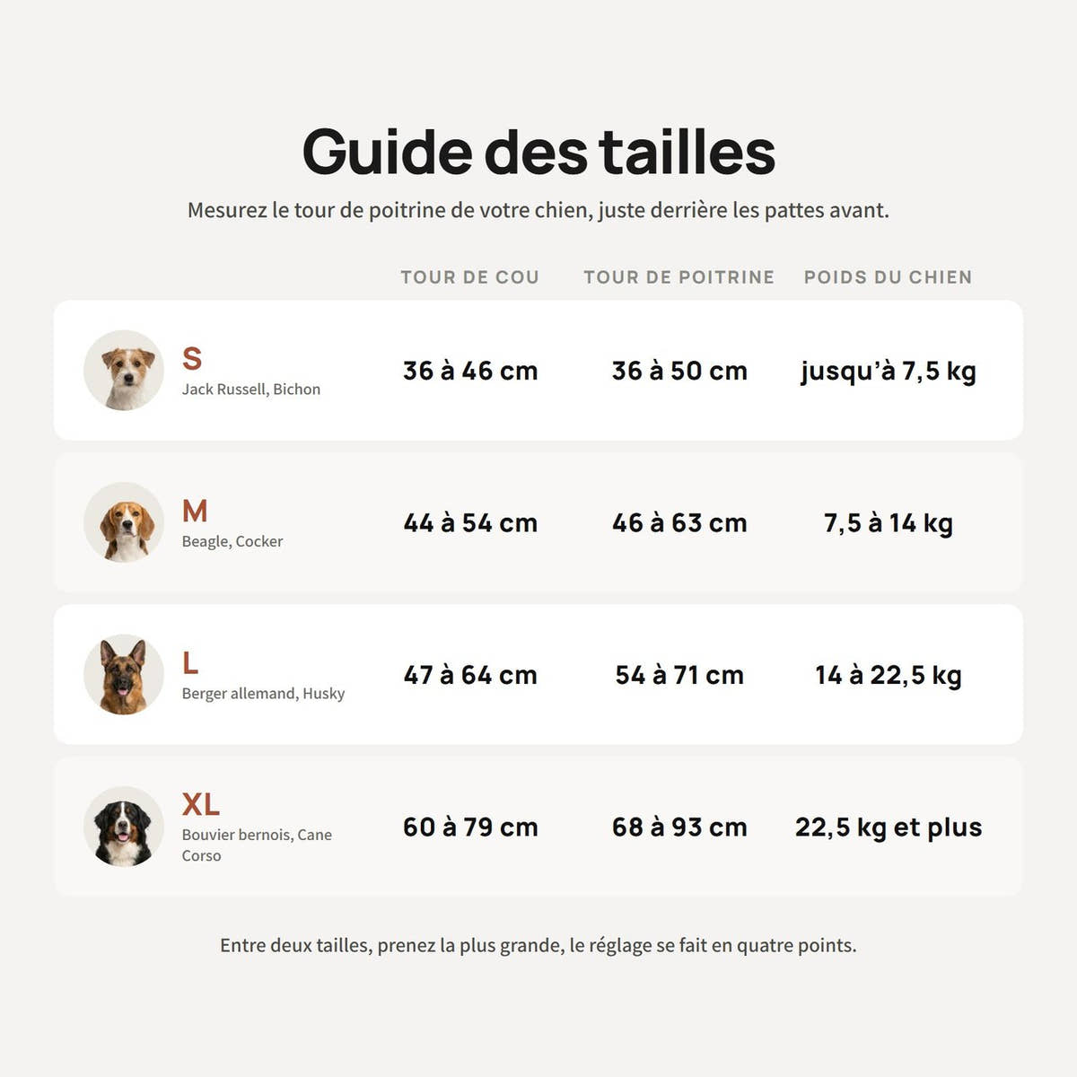 Guide des quatre tailles du harnais pour chien Yzavo, du S au XL