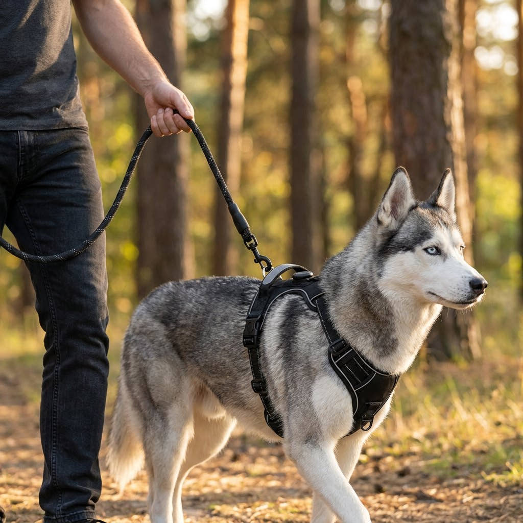 Le même husky qui marche au pied, laisse détendue, avec le harnais Yzavo