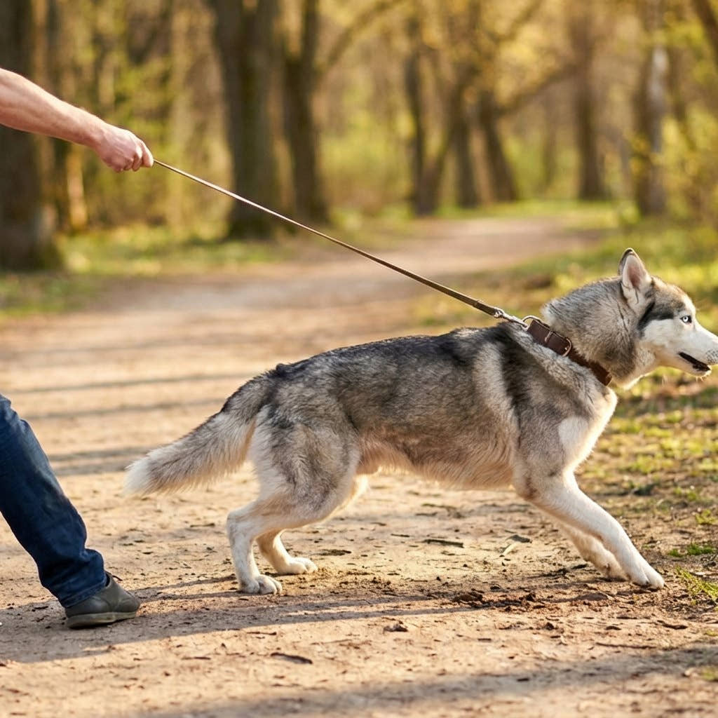 Husky qui tire fort au bout de sa laisse avec un simple collier