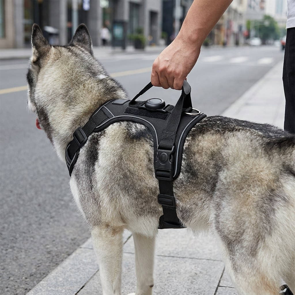 Main qui saisit la poignée de maintien du harnais Yzavo sur un husky