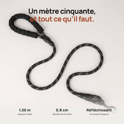 Laisse pour chien Yzavo déroulée, un mètre cinquante de corde tressée