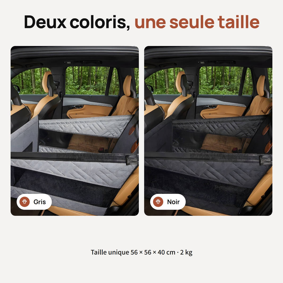 Les deux teintes du panier de voiture Yzavo installées sur la même banquette, une seule taille